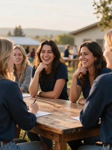 A group of diverse women laughing and talking around a rustic wooden table at an outdoor community workshop in Boise, soft golden-hour light