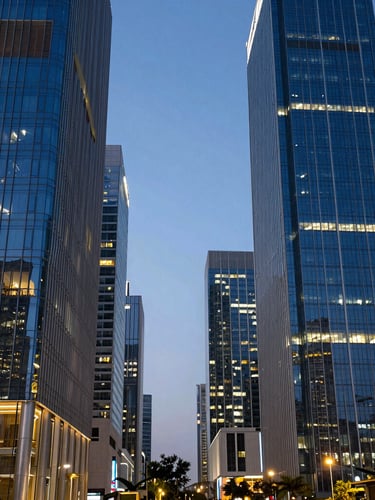 Wide panoramic view of a modern financial district in Mumbai at dusk, sharp glass facades reflecting deep blue and amber light, clean architectural lines.