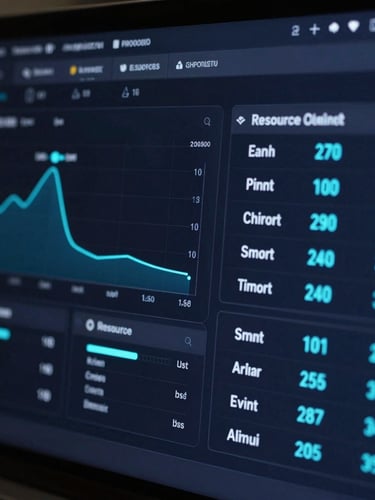 Close-up of a dark mode software interface displaying real-time operational telemetry, glowing cyber-cyan metrics, and automated resource leveling schedules, 35mm lens