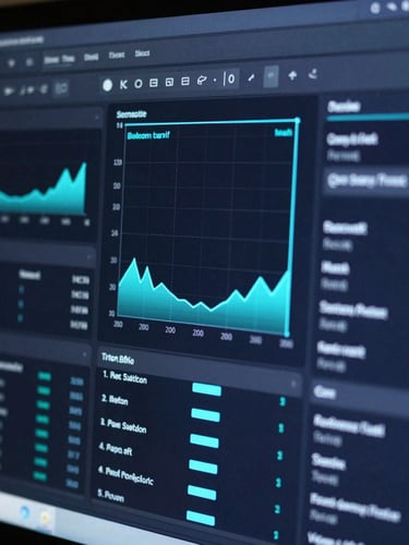 Macro shot of a dark-mode terminal showing real-time telemetry, neon cyan data visualizations, sharp focus, 35mm lens
