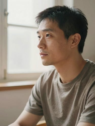 Candid non-staged portrait of a man in a reflective quiet moment of caregiving, soft diffused natural light, warm tones