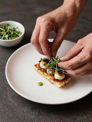 Overhead close-up of hands carefully garnishing a plated appetizer with fresh herb sprigs on a white ceramic plate, warm tungsten light, dark prep counter surface visible, small bowl of micro-herbs to the side