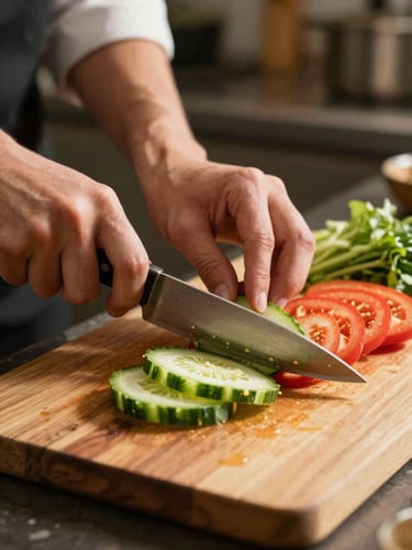 Close-up of a caterer's hands slicing fresh vegetables on a wooden cutting board, warm golden indoor light, vibrant greens and reds of the produce visible, dark kitchen counter background, shallow depth of field