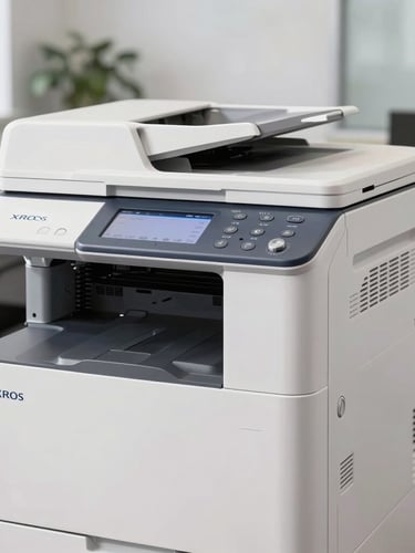A crisp product shot of a high-volume Xerox multifunction printer in a bright, modern corporate office, clean daylight, sharp focus on the control panel
