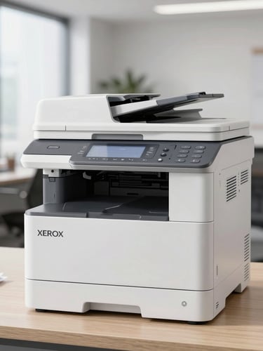 A high-resolution, crisp product shot of a Xerox multifunction printer in a bright, modern corporate office environment, natural daylight, clean composition.