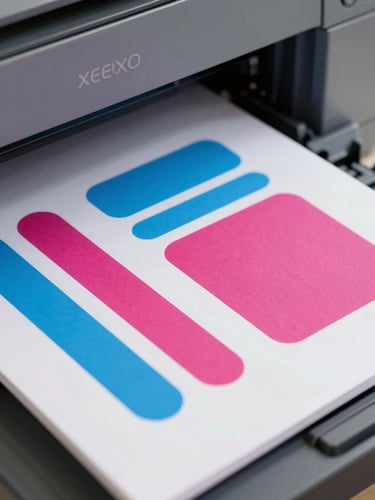 Crisp close-up of a Xerox multifunction color printer output tray, showing vibrant cyan and magenta graphics perfectly aligned on a thick paper sheet