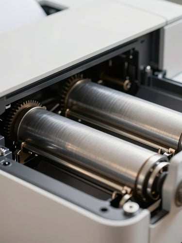 Macro detail shot of a clean, modern office printer's internal paper feed rollers and mechanical gears under bright, neutral daylight.