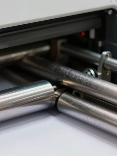 Macro close-up of a high-speed printer paper feed mechanism, clean steel rollers and precise engineering, bright neutral daylight