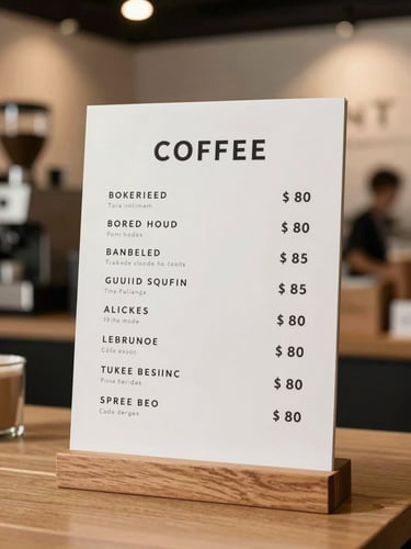 Vertical portrait of a modern minimalist coffee menu board on a clean wooden stand, soft warm lighting, blurred background of a premium exhibition booth