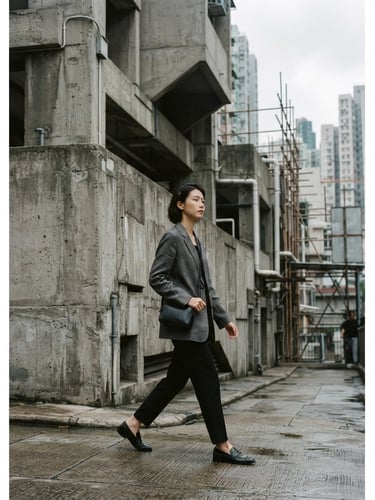 A medium-long environmental shot of a model in a structured gray linen blazer walking past a brutalist concrete wall in Hong Kong, soft overcast daylight, cool desaturated tones.