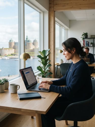 Professional workplace photography, natural Nordic daylight, coastal Baltic tones, a person working on a laptop in a modern, bright office with a view of Kalmar Castle in the distance, wide-angle, 35mm