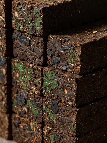 Macro close-up of dense, dark brown biomass briquettes stacked neatly, dramatic natural side-lighting, highlighting rich organic textures, 35mm photography