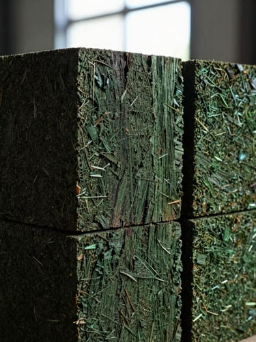 Macro close-up of high-density biomass briquettes stacked neatly, showing rich wood fiber textures, dramatic side-lighting from a high window, deep forest green and charcoal tones, sharp detail, 35mm.