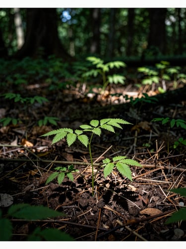 Sunlit forest floor clearing with fresh native saplings emerging from rich soil where invasive brush was recently harvested, dramatic side-lighting, 35mm.