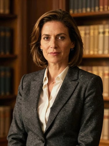 Authoritative portrait of a female academic founder in a charcoal blazer, warm golden-hour lighting, sophisticated corporate library setting.