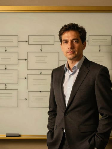 A striking corporate portrait of a business facilitator standing in front of a glass whiteboard with structured frameworks, warm high-contrast directional lighting, gold accents, 35mm lens.