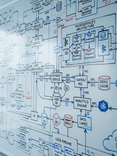 Macro shot of complex system architecture diagrams on a clean whiteboard under crisp daylight, cool blue undertones, sharp focus, 35mm lens