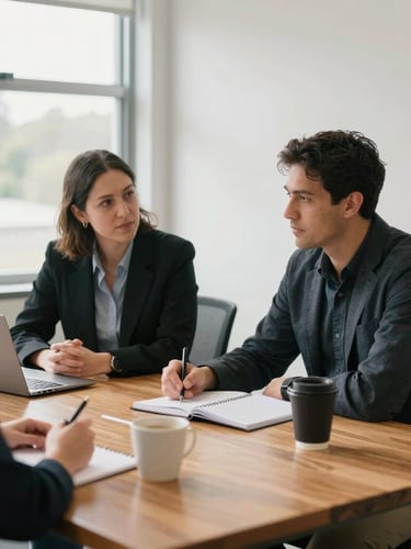 A quiet, bright Australian ministry office. Two leaders sit at a wooden table with open notebooks and coffee cups, engaged in collaborative coaching under soft window light.