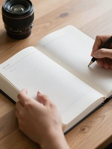 Close-up of hands holding a Bible and writing notes in a clean, modern journal. Overcast natural light illuminates the wooden table.