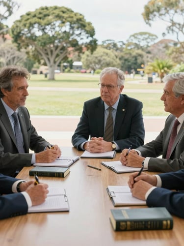 Environmental shot of leaders collaborating around a table with notebooks and Bibles, bright natural Australian daylight, medium-wide framing.