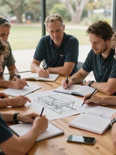 Overcast Australian daylight illuminates a collaborative workshop where church leaders sit around a timber table, analyzing structural diagrams in open notebooks, natural tones, architectural framing.