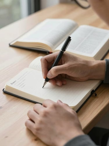 Close-up of hands writing notes in a journal next to an open Bible on a clean timber desk, soft overcast morning daylight, architectural composition.
