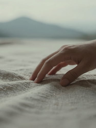 Close-up of a hand gently touching a natural, textured cotton-linen fabric, soft diffused morning light, shallow depth of field, muted earth tones, cinematic editorial photography.