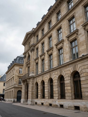 Wide-angle exterior of a classical civic banking district at overcast midday, stone facades and arched windows receding into the left frame, no people, flat northern light, Luxembourg financial quarter