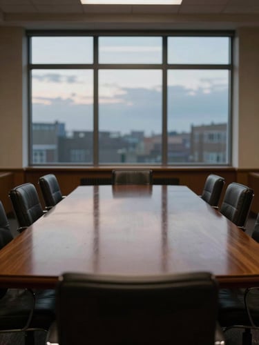 Wide-angle view of a quiet institutional boardroom at dusk, heavy mahogany table reflecting low interior light, leather chairs in shadow, tall windows with overcast sky beyond, no people, architectural stillness