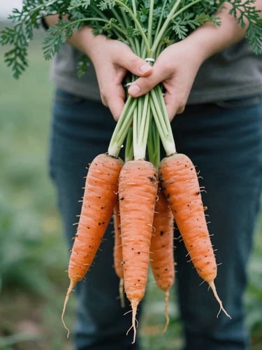 Hands holding raw harvested heirloom carrots with dirt, soft natural daylight, shallow depth of field, 35mm film texture