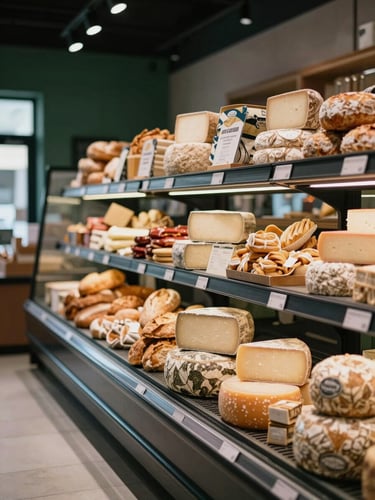 A modern food market aisle, artisanal cheese and fresh bread on display, warm indoor glow