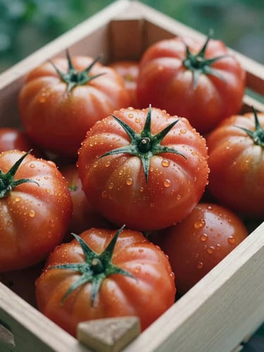 Close-up of freshly harvested heirloom tomatoes in a wooden crate, morning dew, soft natural light