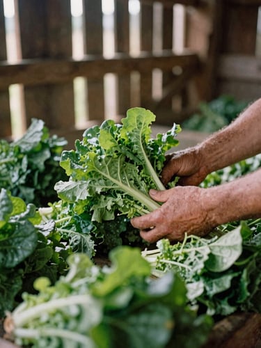 Candid close-up of a farmer sorting freshly harvested leafy greens in a rustic wooden barn, morning light streaming through slats, 35mm film texture