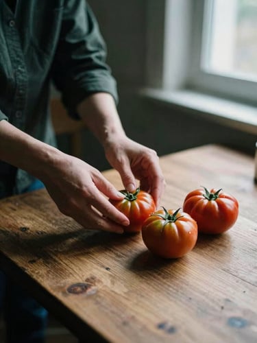 Hands arranging organic heirloom tomatoes on a rustic wooden table in a dimly lit Scandinavian-style restaurant, soft natural window light, moody shadows, 35mm film texture.