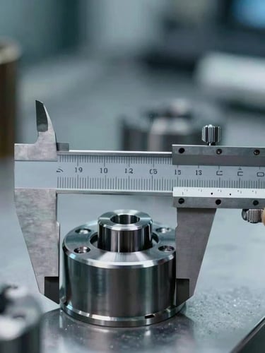 Macro close-up of technical calipers measuring a precision metal component on a cool-lit factory floor, sharp focus, 35mm lens, corporate industrial photography