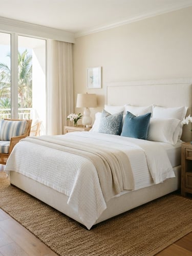 Bright editorial interior photography of a luxury coastal bedroom, crisp white linens perfectly styled on a plush bed, natural Florida sunlight, 35mm