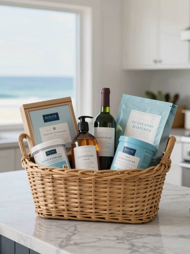 Tight editorial close-up of a curated coastal welcome basket on a polished marble kitchen island, soft natural daylight, 35mm