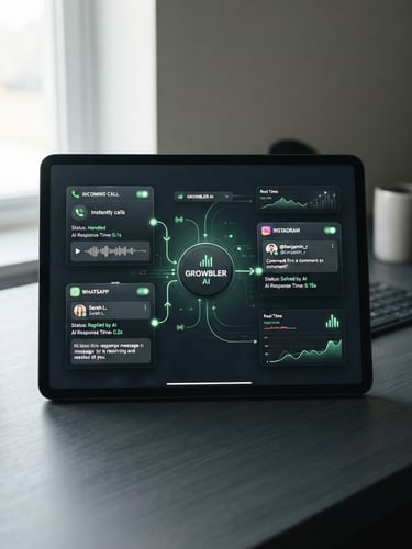 Medium-close shot of a tablet on a clean workspace desk, displaying a UI overlay showing incoming calls, WhatsApp messages, and Instagram comments being resolved instantly by Growbler's AI. Bright natural workspace light with subtle signal-green glows, deep slate background. Sharp focus, 35mm.