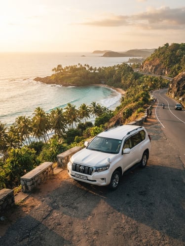 A modern, clean white SUV parked on a scenic coastal cliff road in Sri Lanka, looking down on a turquoise bay with coconut palms, bright golden-hour sunlight, 35mm lens