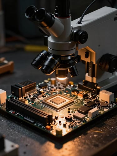 Macro shot of a high-end PlayStation motherboard under a professional microscope, warm amber spot lighting, dark industrial workshop background, high contrast, 35mm