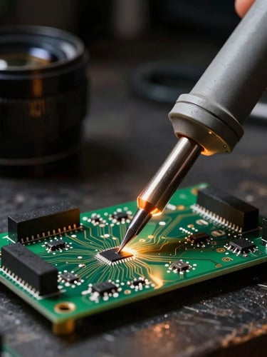 Macro shot of a soldering iron tip applying solder to a green circuit board, warm amber glow from the soldering station, dark industrial workshop background, high contrast, 35mm lens