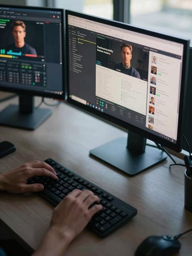 Close-up overhead of a desk with two monitors displaying campaign performance dashboards mid-analysis, hands resting on keyboard, cool office ambient light from a window, annotations visible on one screen