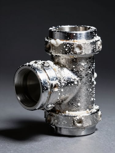 Tight close-up of a chrome pipe elbow with thick white calcium deposits crusted around the joint, studio strobe lighting from the left casting sharp shadow to reveal texture and buildup depth, isolated against a dark background, no people