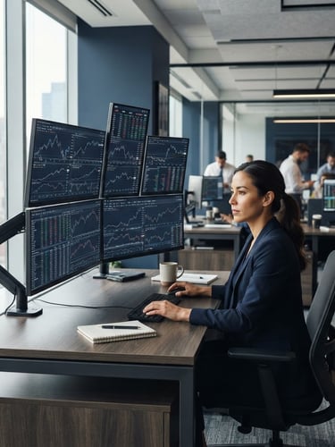 Modern corporate office environment, focused on a trading desk with multiple screens displaying financial data, natural daylight, deep navy and slate tones, sharp focus, 35mm architectural lens