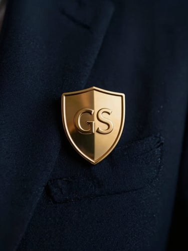 Macro shot of a polished gold GS shield lapel pin on a tailored dark navy suit jacket, shallow depth of field, cinematic moody lighting, 35mm lens
