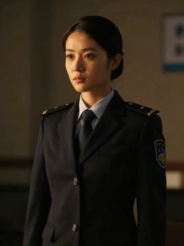 Cinematic low-key portrait of a female security operations chief, dark tailored blazer, professional and disciplined expression, soft golden side-light, 35mm lens