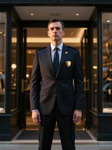 Cinematic low-key photography of a security professional in a perfectly tailored dark suit, gold shield lapel pin catching golden-hour light, standing discreetly in a luxury Mayfair retail entrance at dusk