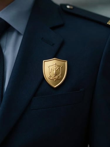 Discreet close-up of a security professional's lapel with a gold shield pin, tailored navy wool suit, low-key dramatic lighting, shallow depth of field.