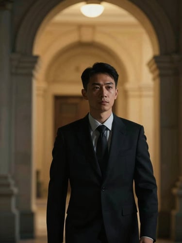 Close-up of a security professional in a dark tailored suit standing discreetly in the shadow of a grand architectural archway, warm golden light spilling from the interior, cinematic, low-key lighting