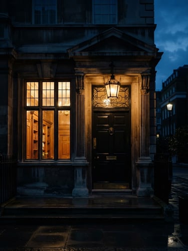 Cinematic moody photography of a luxury Mayfair estate entrance at dusk, warm golden light spilling from a window, sharp architectural lines, 35mm lens